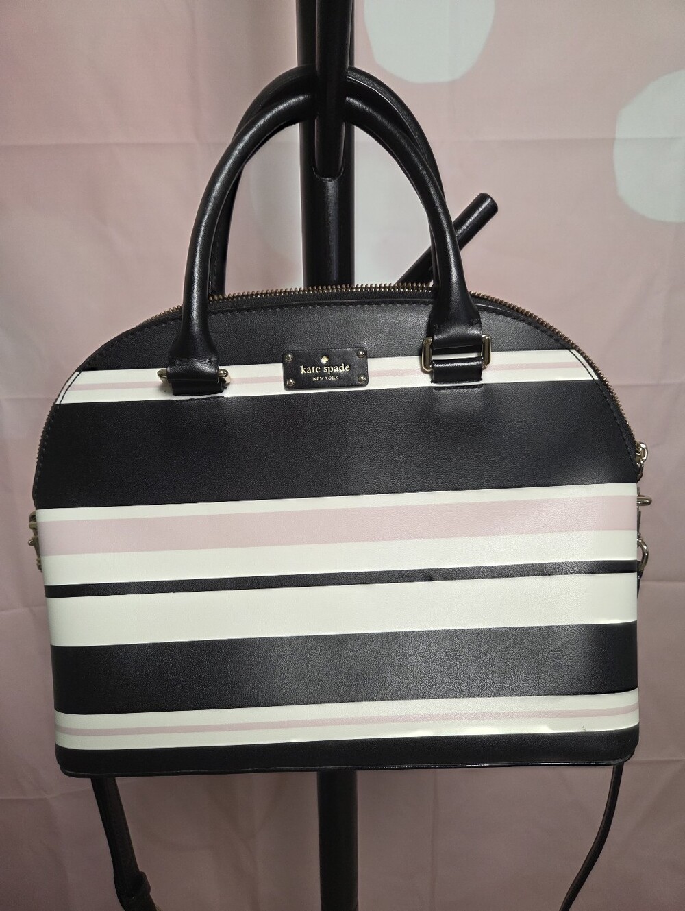 Kate Spade Black & Pink Striped Dome Satchel Crossbody With Matching Wallet